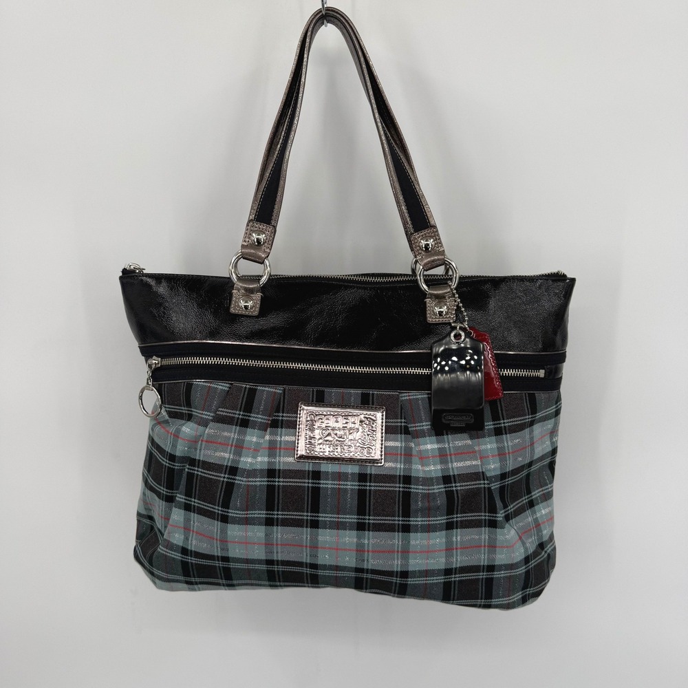 Coach Poppy Tartan Plaid Glam Tote Bag Metallic Patent Leather Limited Edition - Picture 2 of 16